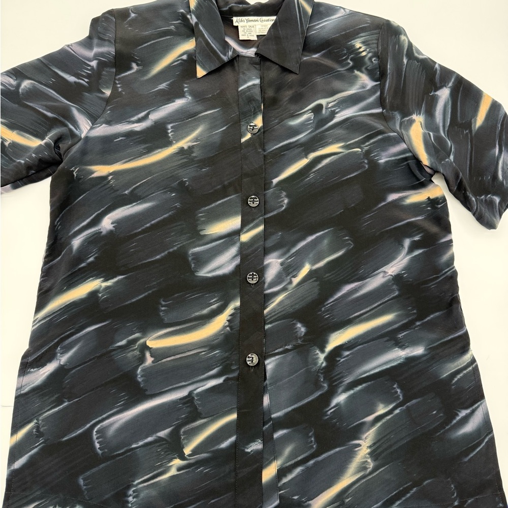 Aliki Yamani Creations Silk Blouse Womens Medium Black Abstract Button Front - Picture 8 of 8
